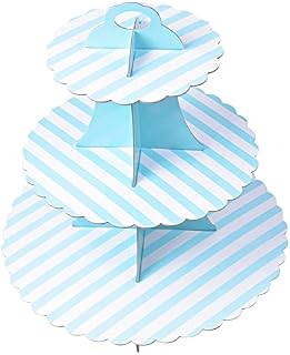 Bezavea 3-Tier Cardboard Cupcake Stand for Afternoon Tea, Stripe Cake Stand, Round Dessert Stand Cupcake Holder Tower, Serving Platter Stand for Baby Shower, Wedding, Birthday Party, 7" 10" 12" (Blue)