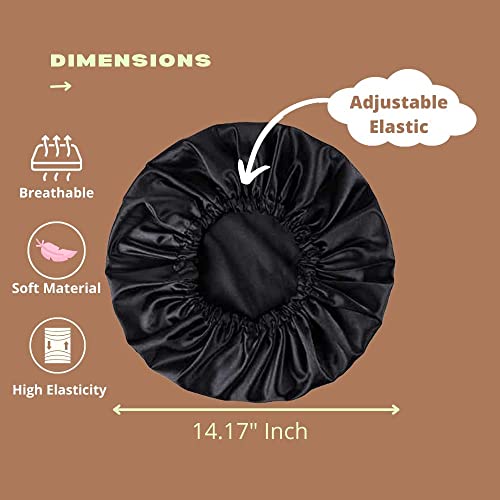Image of GO WELL Reversible Satin Silk Bonnet With 3 Scrunchies - Adjustable Hair Cap for Sleeping, Curly Hair Wrap (Black)
