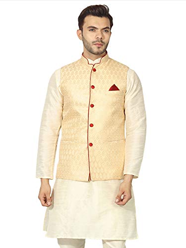 Image of Uri and MacKenzie Men's Silk Blend Regular Kurta Churidar Pyjama with Bundi Nehru Jacket /Waistcoat