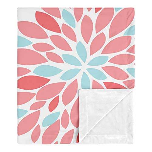 Image of Sweet Jojo Designs Floral Baby Girl Receiving Security Swaddle Blanket for Newborn or Toddler Nursery Car Seat Stroller Soft Minky - Turquoise Blue and Coral Flower Emma