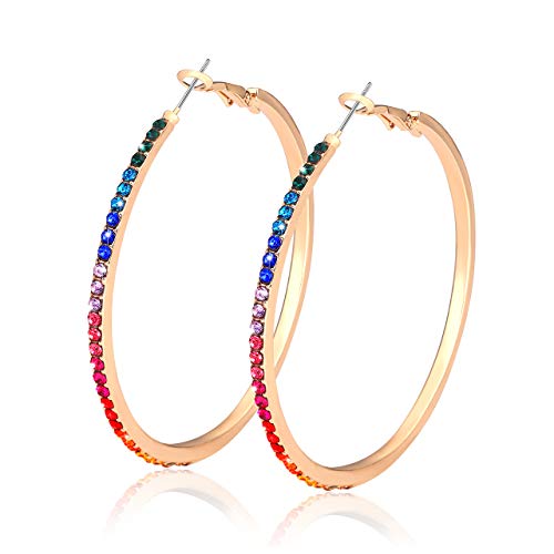 Crystal Hoop Earrings for Women Large Dazzling Rainbow Rhinestone Circle Fashion Earrings Girls Sensitive Ears Pierced Earrings (Gold Rainbow)