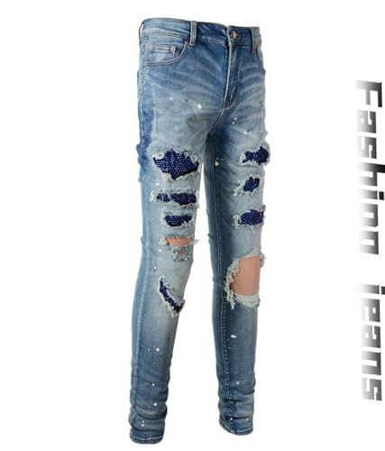 Jeans Pants Trousers Denim Trendy Street Ripped Distressed Hole Personalized Stretch Slim Fit Light Blue Zircon Shining Small Straight Leg for Men(Light Blue,33)3