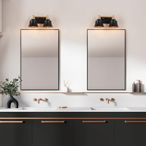 Image of KSANA Bathroom Light Fixtures, 2 Light Black and Gold Powder Room Wall Lights Over Mirror, 14 Inch Modern Farmhouse Metal Vanity Lights
