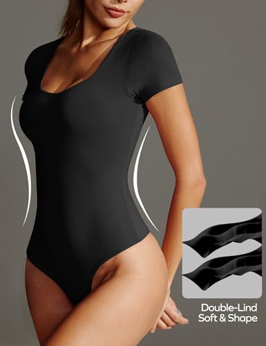 Ewedoos Bodysuits for Women Tummy Control Double Lined Short Sleeve Bodysuit Scoop Neck Body Suits Tops2