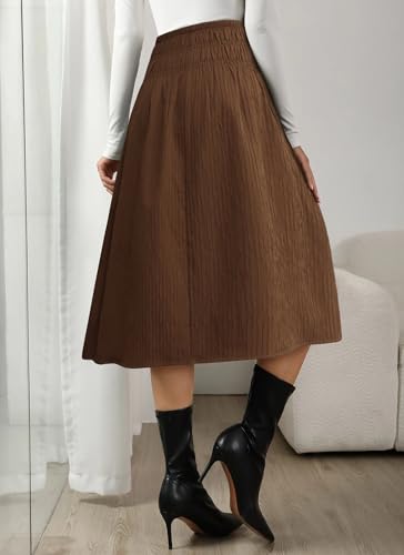 Womens Knee Length Trendy Smocking High Waist Skirts Stripe Texture Pleated Fall Winter Skirt with Pockets4