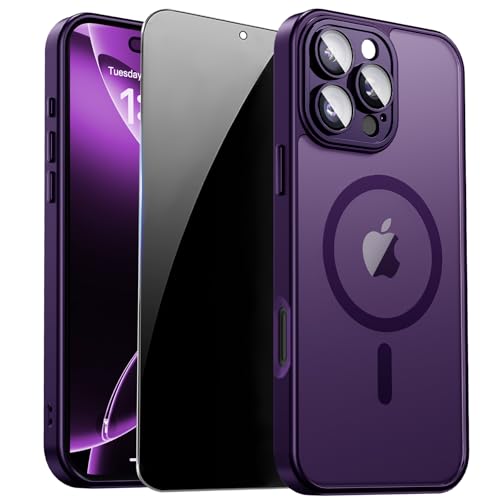 ZOZDOKG for iPhone 16 Pro Case with Privacy Screen Protector and Camera Protection Compatible with MagSafe Magnetic Matte Shockproof Phone Cover for iPhone 16 Pro Women/Girls Purple