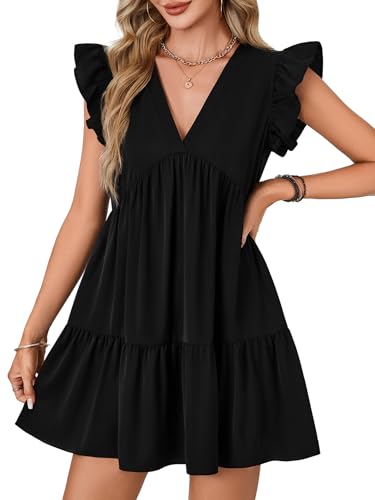 Image of LYANER Women's Summer Casual Babydoll Mini Dress Ruffle Sleeveless Deep V Neck High Waist Flowy Swing Tunic Dress