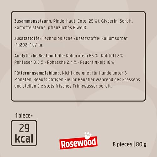Rosewood Chewy Bones Ente Small – Kleine Kauknochen für Hunde, Kausnack aus Rinderhaut mit Ente, unterstützt die Zahnpflege, ohne Getreide, ohne künstliche Zusatzstoffe, 80 g