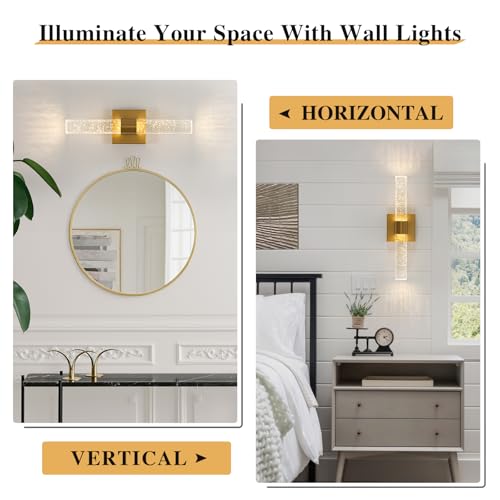 Image of Crystal Wall Sconces LED Sconces 15.7 Inch Wall Lighting, Bathroom Vanity Light Fixtures, 3000K Vertical and Horizontal Wall Mounted Sconce for Bedroom Living Room Hallway,12W (Gold)