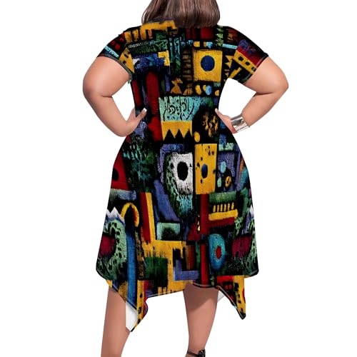 Image of Womens Summer Plus Size Crewneck Midi Dress Short Sleeve High Waist Dresses A Line Smocked Sundress with Pockets