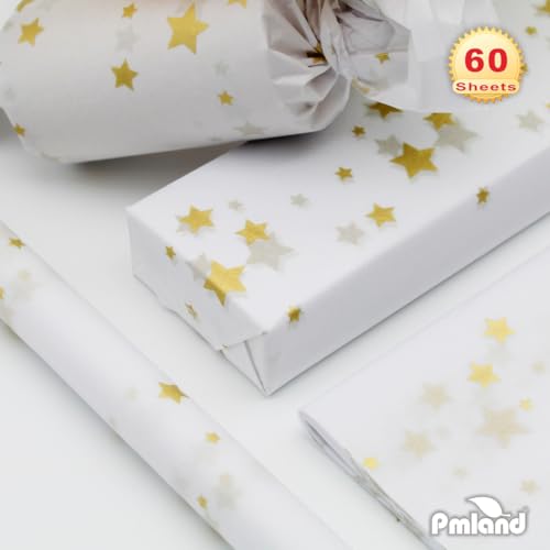 PMLAND Premium Gift Wrapping Tissue Paper - White Metallic Gold Star - 20 x 14 Inches - 60 Sheets