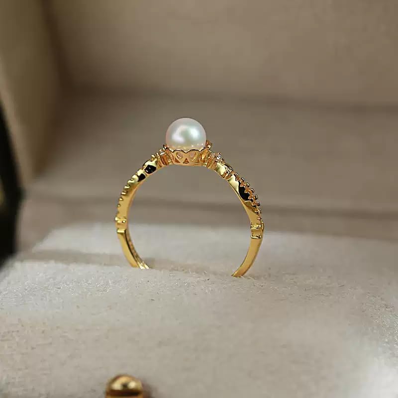 14K Gold Plated Pearl Rings for Women, Dainty Elegant Gold Rings, Pearl Rings for Women's Christmas Gifts, Engagement Rings Size 5-10 - Image 8