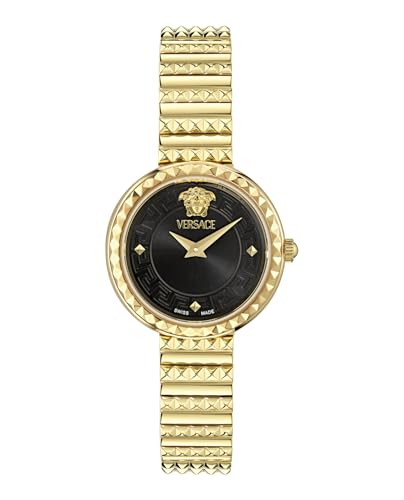 Versace Greca Goddess Petite Collection Luxury Womens Watch Timepieces with a Gold Bracelet and Case Featuring a Black Dial