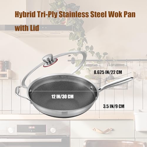 LOLYKITCH New Hybird 12 Inch Tri-Ply Stainless Steel Wok Pan with Lid,Ceramic Nonstick Stir Fry Pans,Induction Cooking Pan,Dishwasher and Oven Safe by LOLYKITCH - Image 7