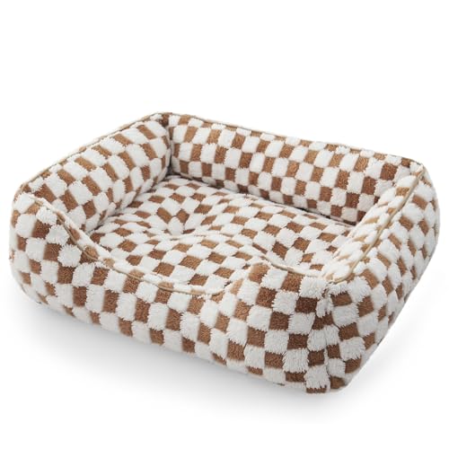 JOEJOY Dog Bed for Medium Small Dogs - Rectangle Orthopedic Dog Sofa Bed, Cute Modern Puppy Bed with Jacquard Shaggy Plush & Anti Slip Bottom, 25x21x8inches, Brown