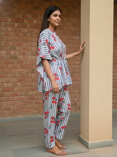 Image of Cotton Floral Printed 2 Piece Night Suit Top & Pajama Set for Women & Girls