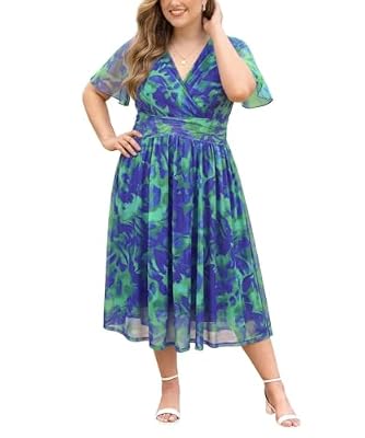 RITERA Plus Size Dress for Curvy Women 3X Elegant Mesh Wrap Maxi Dress V Neck Short Sleeve Dresses Blue Floral Summer Long Dresses for Cocktail Club Weddings Guest 3XL 22W 24W