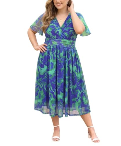 RITERA Plus Size Dress for Curvy Women 3X Elegant Mesh Wrap Maxi Dress V Neck Short Sleeve Dresses Blue Floral Summer Long Dresses for Cocktail Club Weddings Guest 3XL 22W 24W