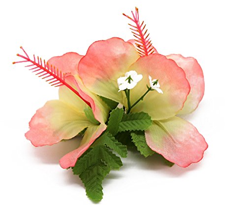 Hawaii Luau Party Artificial Fabric Double Small Hibiscus Hair Clips Peach Pink
