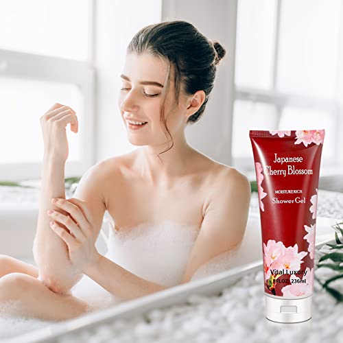 Shower Gel And Body Cream, Vital Luxury 8 Fl Oz Japanese Cherry Blossom Scented Organic Travel Moisturizing Gift Set, Includes And Cream And Organic Body Wash For Men And Women #TOP6