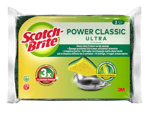 Scotch-Brite Estropajo Ultra Clásico, Pack de 2 Esponjas Multiusos – No Raya, para Ollas, Sartenes, Cristal y Utensilios de Cocina Antiadherentes