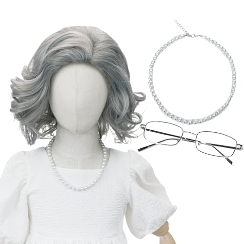Gray Old Lady Wig for Kids Girls Gray Short Curly Granny Grandma Costume Wig + Necklace for Halloween Party Cosplay
