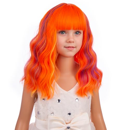 Image of PATTNIUM Orange Purple Mixed Pink Wig with Bangs Child Short Rainbow Wavy Curly Wig Girls Multi Color Bob Wigs Synthetic Halloween Party Cosplay Wigs