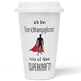 JUNIWORDS To-Go Becher aus Porzellan mit Motiv / Spruch: Ich bin Einrichtungsplaner. Was ist deine Superkraft?