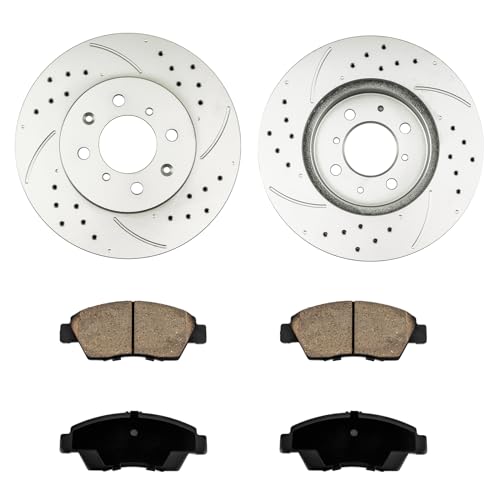 KAC Front Brake Kit Ventilated Brake Rotors Disc and Ceramic Brake Pads Kits for 07-08 Fit, 93-95 Civic, 94-97 Civic del Sol Drilled & Slotted 4-Lug Brake Disc Rotors OEM 3295 D621