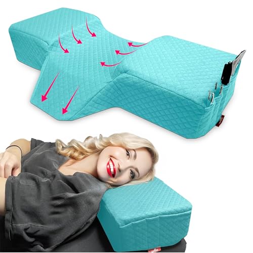 Lash Pillow for Eyelash Extensions - Curved Memory Foam Bed Pillow, Ergonomic Head Rest with Neck Support, Side Pockets for Tools, Fits Lash Beds for Tech – Blue