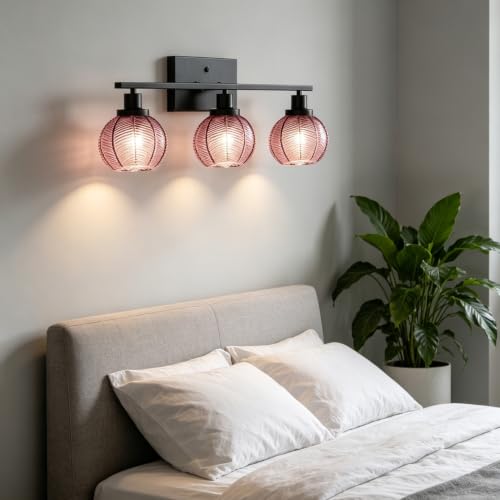 Image of 3-Light Pink Globe Bathroom Vanity Light Vintage Wall Sconce | 3-Light Vanity Light, Pink Ribbed Globe Glass Shades, E26, Soft Glow Mirror Lighting For Master Bath, Powder Room, Bathroom
