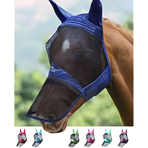 Harrison Howard CareMaster Pro Luminous Máscara de mosca de caballo Nariz larga con orejas Protección UV para caballo-Armada (S) Cover