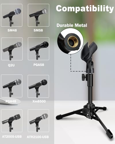 Mictop 2 Pack Desktop Mic Stand, Portable Foldable Tripod With Mic Clip Holder, Adjustable Microphone Stand For Dynamic Microphone. thumb #1