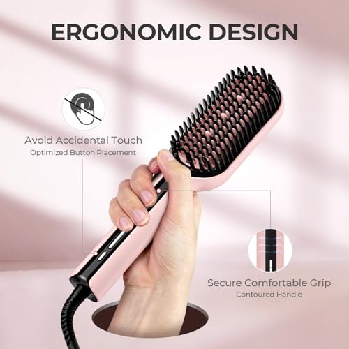 Image of TYMO Hair Straightener Brush - Upgraded Ionic Plus Straightening Brush with Dense Bristles, 16 Temps, Dual Voltage | Ceramic Hot Comb for Women | Flat Iron for Thick Curly Hair, Pink
