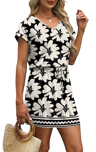 Image of OFEEFAN Summer Dresses for Women 2026 V Neck T Shirt Casual Mini Dresses Tie Waist Sundresses with Pockets