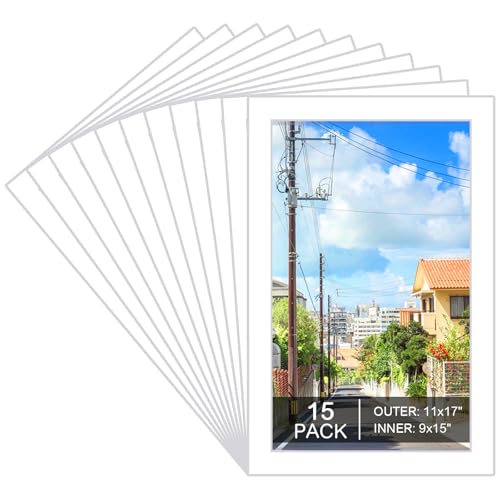 15 Pack White Picture Mats 11x17 for 9x15 Photos Bevel Cut