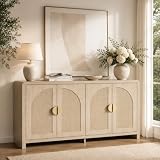 OneBlis Rattan Sideboard Buffet Cabinet with Storage, 55' Accent Cabinet with Arch Doors & Adjustable Shelves, Boho Credenza Coffee Bar Console Table for Dining Room, Living Room, Entryway, Kitchen