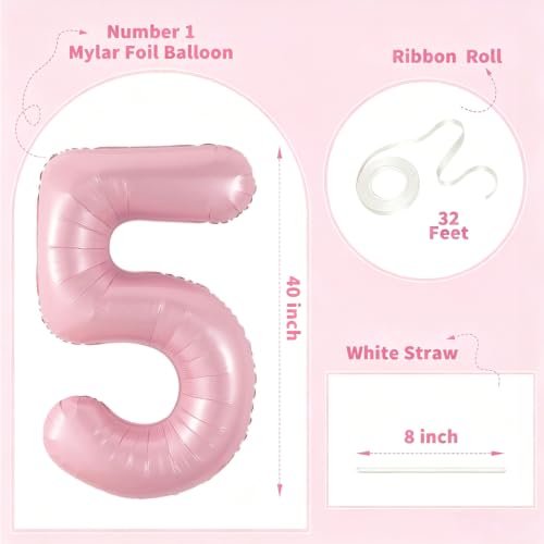 Image of Number Balloons Pink Party Balloon - Giant Number 5 Balloon, 40 Inch Large Balloon, Birthday Decorations for Women, Birthday Balloon for Anniversary Baby Shower Princess Party Decorations