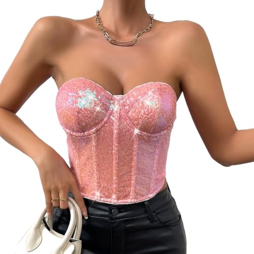Corset haut tubulaire à paillettes pour femmes avec fermeture éclair