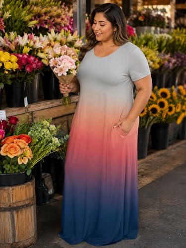 Image of PinkPatty Women's Plus Size Maxi Dresses Short Sleeve Sundress Summer T-Shirt Beach Long Dress with Pockets