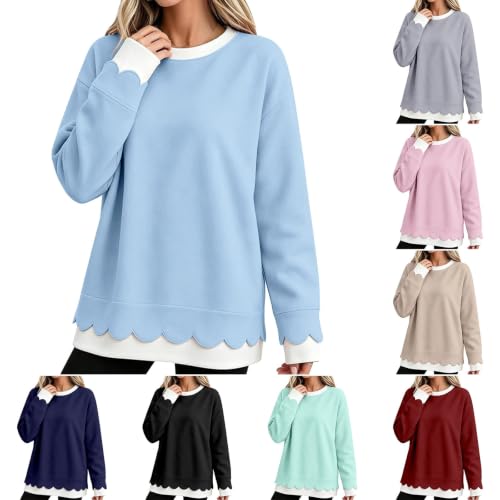 Scalloped Sweatshirts for Women Fall Oversized Pullover Tops Blue XL - image 1