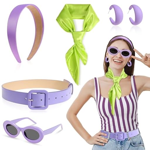 Accesorios de Disfraz Hippie para Mujer, Diadema Morada Bufanda Verde Cinturon para Vestido Gafas Hippie Pendientes Aros, Complementos Disfraz Personajes de Películas para Halloween, Adultos Mujer | Ya disponible en tu tienda friki favorita! En mundofriki.es!
