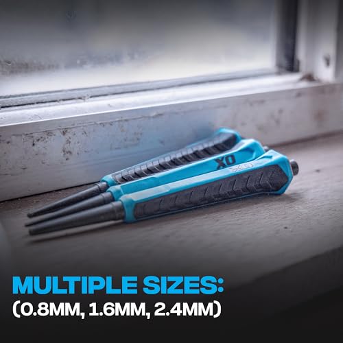 OX Pro Nagelstanzer, 3er-Pack (0,8 mm, 1,6 mm, 2,4 mm), geschmiedeter gehärteter Stahl, rutschfeste Griffe, sechseckiges Anti-Roll-Design für Stabilität, farbcodiertes Körner-Set