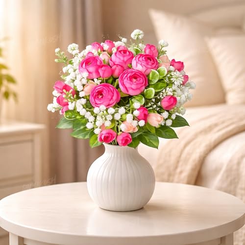 Image of Divyakosh Artificial Peony Flower Bunch for Vase | Real Touch Faux Flowers with Gypsophila & Green Leaves | Decorative Fake Flowers for Home Living Room Bedroom Office Table Decor (VASE NOT Included)