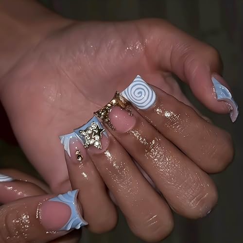 RUOKEXIN Duck Press on Nails French Tip Fake Nails Short False Nails with Designs Glue on Nails Short Nail Press ons Sparkly Artificial Nails Cute Stick on Nails for Women 24Pcs