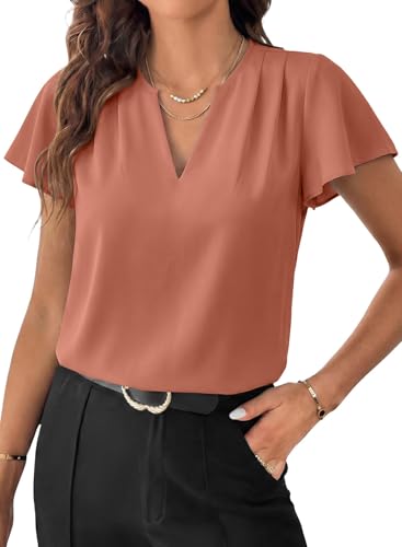 EVALESS Womens Dressy Tops Summer V Neck Flowy Short Sleeve Blouses Business Office Work Vacation Clothes Tawny M