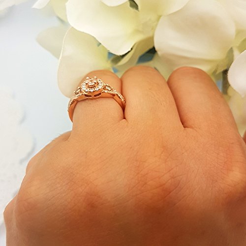 Dazzlingrock Collection Round Morganite,Champagne & White Diamond Womens 3 Stone Swirl Halo Bridal Engagement Ring, 10K Solid Rose Gold3