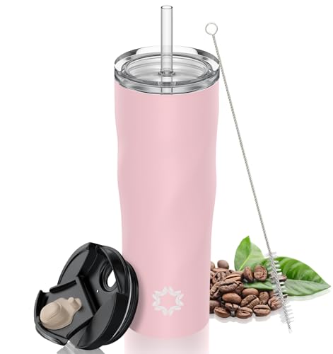 Tlater Travel Mug, Reusable Stainless Steel Insulated Cup, 510ml Leakproof Coffee Cup with Straw & 2 Lids, Double Wall Coffee Mug for Car, Water Bottle for Hot or Iced Drinks BPA Free