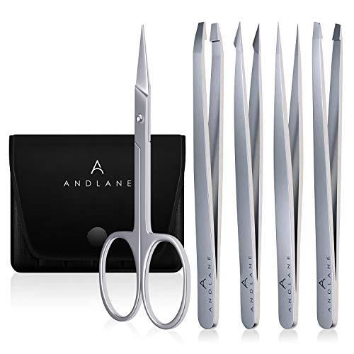 Andlane Eyebrow Tweezers set with Facial Hair Scissor â€“ Precision Tweezers for Women & Men - Great for Facial Hair Removal, Eyebrow Shaping, Splinters & Ingrown Hair (4 Piece, Silver)