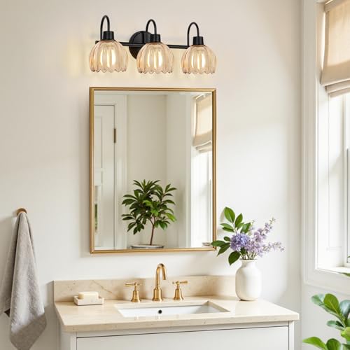 Image of Bathroom Light Fixtures, 3-Light Black Vanity Light with Ribbed Amber Tulip Glass Shades, 20-Inch Bathroom Lighting Over Mirror for Bedroom, Living Room, Hallway (Bulbs Not Included)